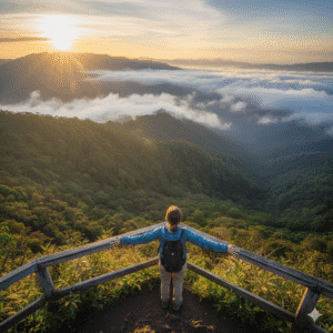 Traveler overlooking rainforest landscape in Costa Rica